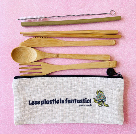 Less Plastic is Fantastic Zipper Pouch with Reusable Bamboo Utensils and Straw